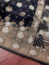 Black Organza Silk Saree with Antique and Sliver Zari, Floral design
