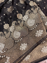 Black Organza Silk Saree with Antique and Sliver Zari, Floral design