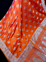 Marigold Color Banarasi Mashru Silk Saree, Muted Gold Zari Weave, Small Border