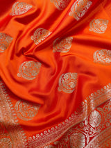 Marigold saree in banarasi mashru silk with muted gold zari weave with small border — Kaash Collection