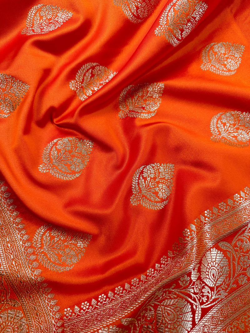 Marigold saree in banarasi mashru silk with muted gold zari weave with small border — Kaash Collection