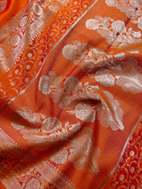 Marigold Color Banarasi Mashru Silk Saree, Muted Gold Zari Weave, Small Border