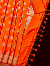 Marigold Color Banarasi Mashru Silk Saree, Muted Gold Zari Weave, Small Border