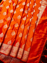 Marigold Color Banarasi Mashru Silk Saree, Muted Gold Zari Weave, Small Border