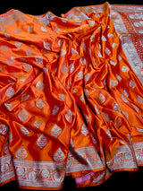 Marigold Color Banarasi Mashru Silk Saree, Muted Gold Zari Weave, Small Border