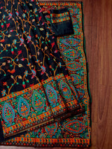 Black Color Kani Saree in Cotton Silk with Floral Jaal