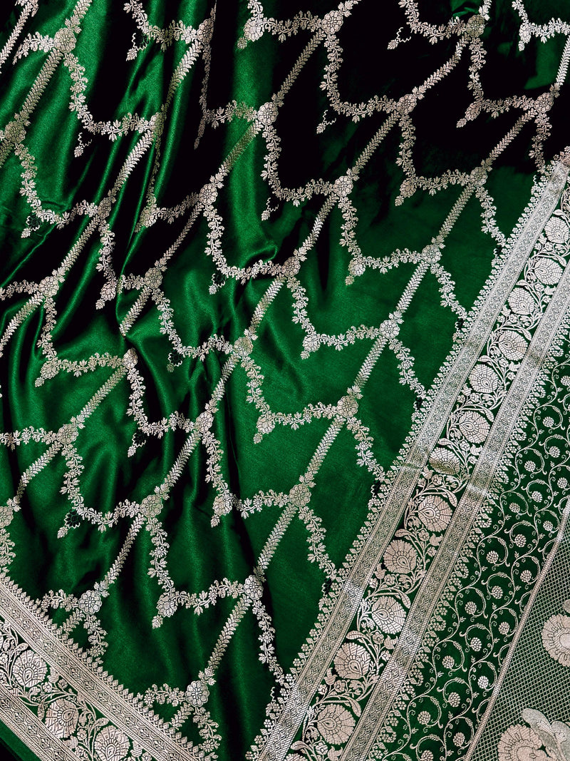 Green saree in banarasi mashru silk with muted gold zari weave in necklace design — Kaash Collection