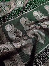 Green Handloom Mashru Silk Saree with Muted Gold Zari Weave Necklace Design