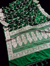 Green Handloom Mashru Silk Saree with Muted Gold Zari Weave Necklace Design