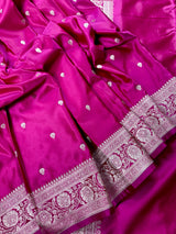 Deep Rani Pink Banarasi Mashru Silk Saree, Sliver Zari Weave, Small Buttis and Border