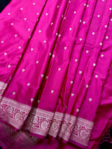 Deep Rani Pink Banarasi Mashru Silk Saree, Sliver Zari Weave, Small Buttis and Border