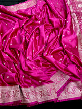 Deep Rani Pink Banarasi Mashru Silk Saree, Sliver Zari Weave, Small Buttis and Border