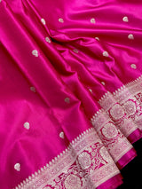 Deep Rani Pink Banarasi Mashru Silk Saree, Sliver Zari Weave, Small Buttis and Border