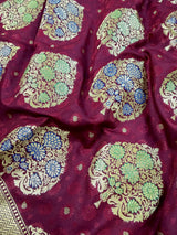 Wine Color Traditional Banarasi Tanchoi Handloom Silk Saree | Tree Pattern Buttas with small zari buttis and Tanchoi Weave |  Banarasi Saree