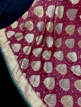 Wine Color Traditional Banarasi Tanchoi Handloom Silk Saree | Tree Pattern Buttas with small zari buttis and Tanchoi Weave |  Banarasi Saree