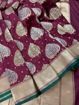 Wine saree in banarasi tanchoi silk with tanchoi weave with tree buttas and small zari buttis — Kaash Collection