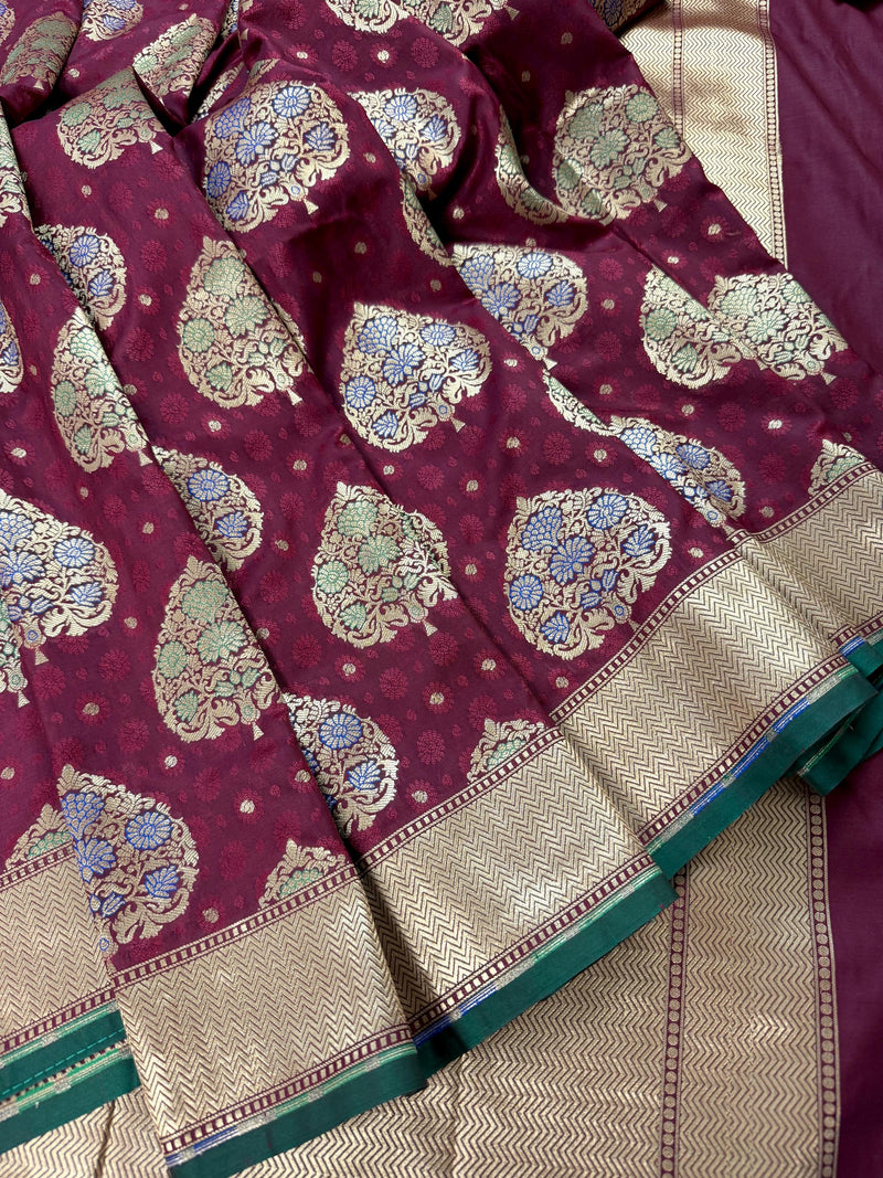 Wine saree in banarasi tanchoi silk with tanchoi weave with tree buttas and small zari buttis — Kaash Collection