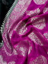 Black Semi Banarasi Organza Silk Saree with Hot Pink Border & Silver Zari Weave