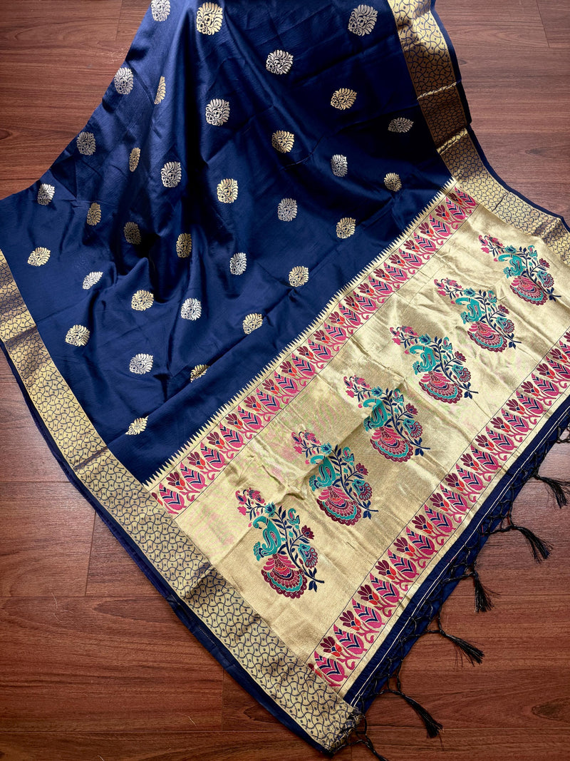 Navy Blue saree in soft silk with paithani weave with muted gold zari — Kaash Collection