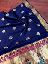 Navy Blue Paithani Soft Silk Saree with Muted Gold Zari