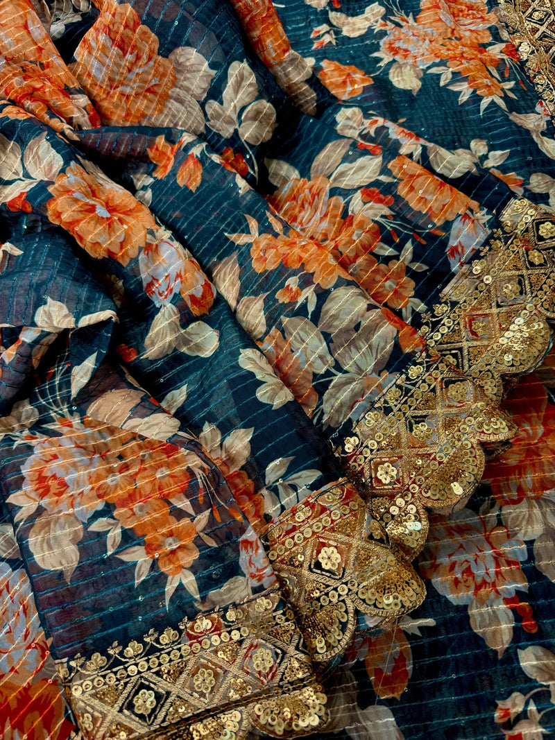 Teal Blue Organza Silk saree — Kaash Collection