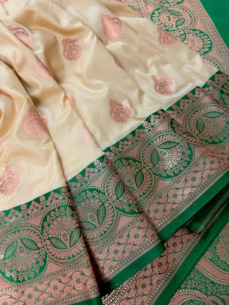 Beige and Green Banarasi Silk saree — Kaash Collection