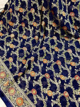 Navy Blue saree in georgette silk with floral jaal weave with meenakari — Kaash Collection