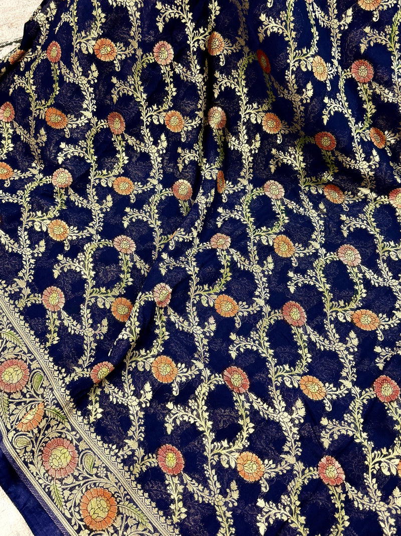 Navy Blue saree in georgette silk with floral jaal weave with meenakari — Kaash Collection