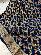 Navy Blue Georgette Silk Saree with Jaal Floral Weave, Meenakari