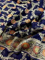 Navy Blue Georgette Silk Saree with Jaal Floral Weave, Meenakari