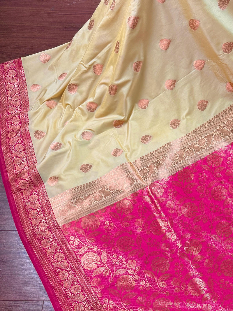 Beige and Hot Pink Banarasi Silk saree — Kaash Collection