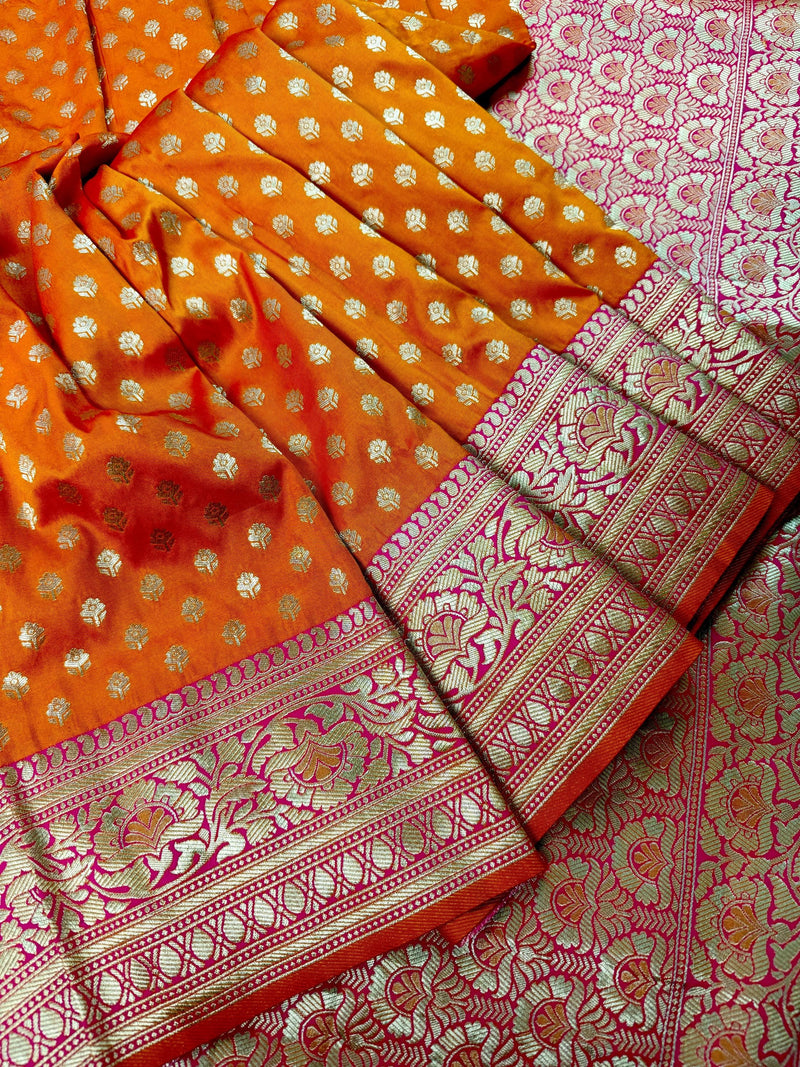 Bright Fanta Orange Orange with Pink Banarasi Silk saree — Kaash Collection