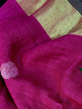 Magenta Pink & Green Color Handloom Linen saree — Kaash Collection