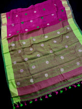 Magenta Pink & Green Color Handloom Linen saree — Kaash Collection