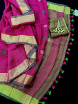 Magenta Pink & Green Color Handloom Linen saree — Kaash Collection