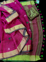 Magenta Pink & Green Color Handloom Linen saree — Kaash Collection