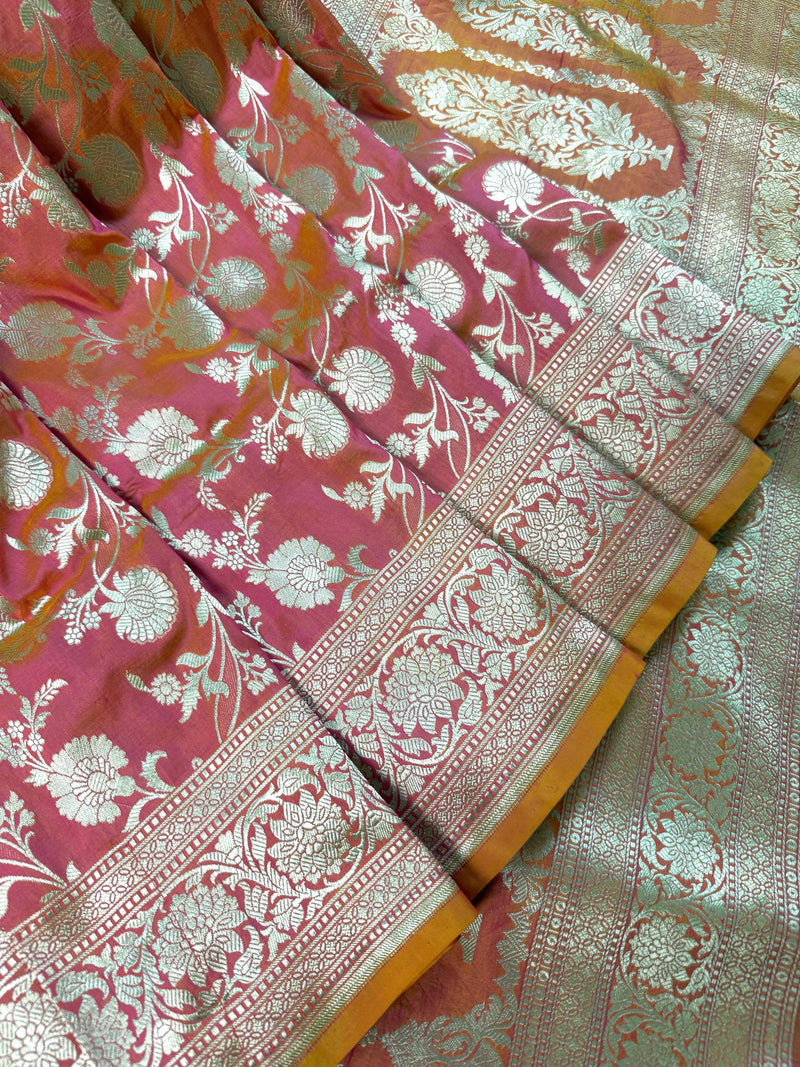 Peach with dual tone Pink Pure Katan Silk saree — Kaash Collection