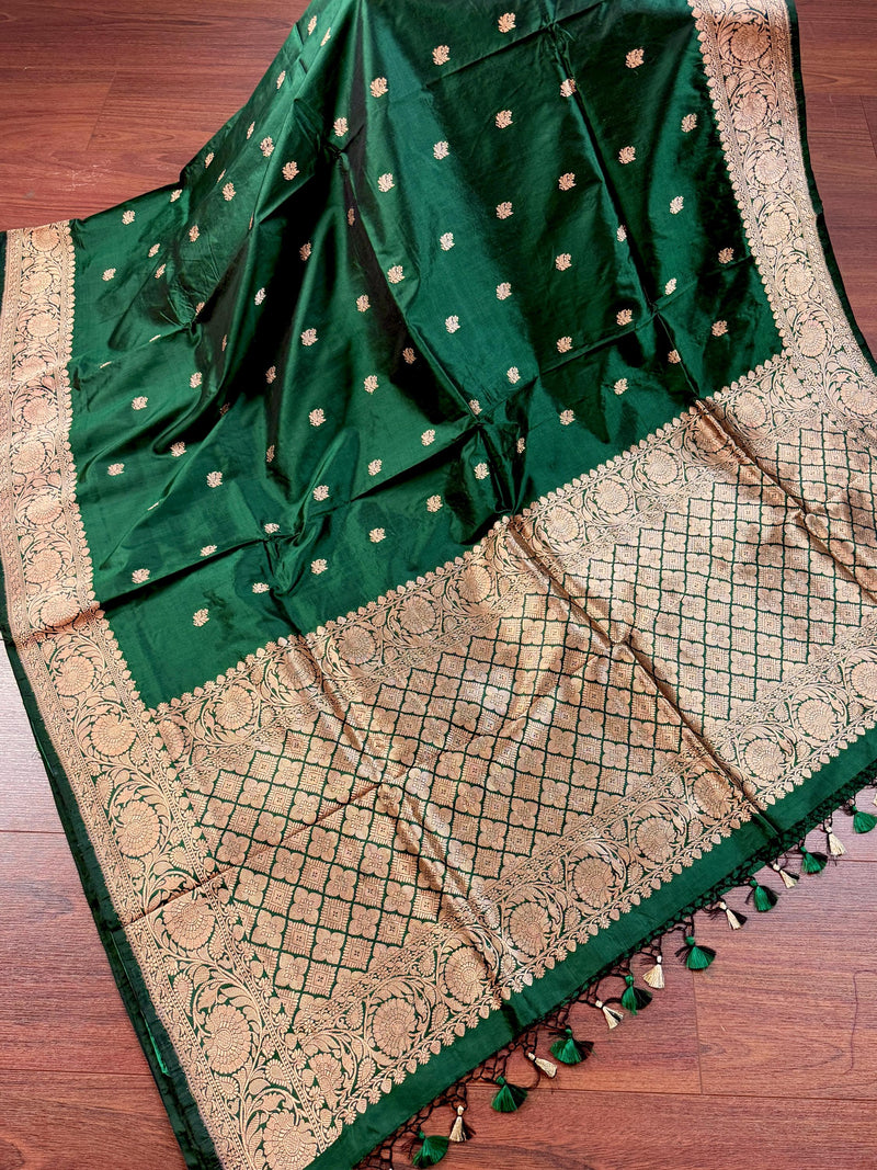 Bottle Green Color Pure Katan Silk saree — Kaash Collection