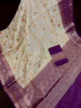 Ivory Cream Banarasi Pure Tussar Silk Saree - Kaash