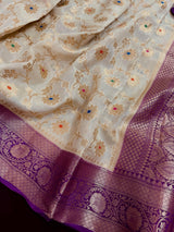Ivory Cream Banarasi Pure Tussar Silk Saree - Kaash