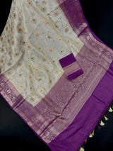 Ivory Cream Banarasi Pure Tussar Silk Saree - Kaash