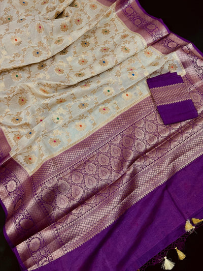 Ivory Cream Banarasi Pure Tussar Silk Saree - Kaash