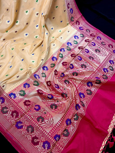 Ivory Cream Banarasi with Hot Pink Pallu saree in banarasi silk with grand pallu with floral designs & rose pink borders — Kaash Collection