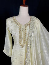 Ivory Cream Color Designer Readymade 3pcs Salwar Kameez for Women with Handwork Work, Pearl, Stone, Artificial Mirror and Sequin Work - Kaash