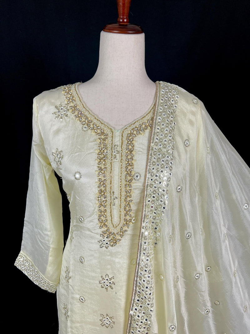 Ivory Cream Color Designer Readymade 3pcs Salwar Kameez for Women with Handwork Work, Pearl, Stone, Artificial Mirror and Sequin Work - Kaash