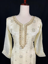 Ivory Cream Color Designer Readymade 3pcs Salwar Kameez for Women with Handwork Work, Pearl, Stone, Artificial Mirror and Sequin Work - Kaash