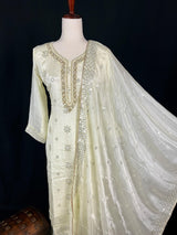 Ivory Cream Color Designer Readymade 3pcs Salwar Kameez for Women with Handwork Work, Pearl, Stone, Artificial Mirror and Sequin Work - Kaash