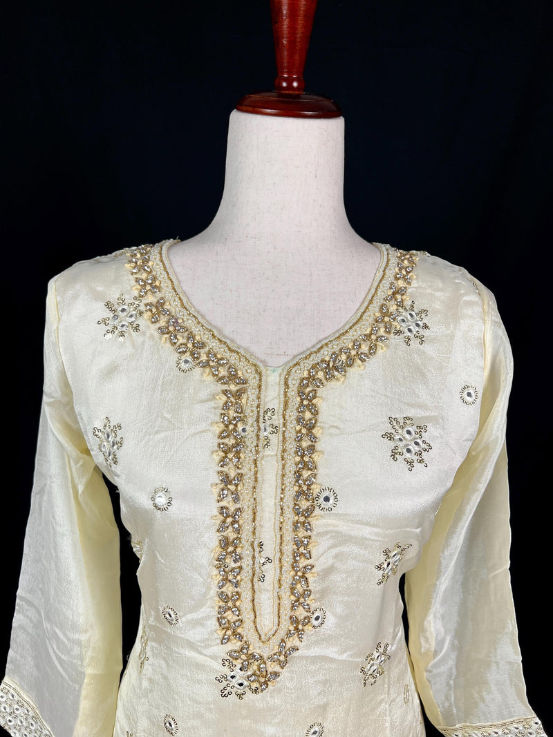 Ivory Cream Color Designer Readymade 3pcs Salwar Kameez for Women with Handwork Work, Pearl, Stone, Artificial Mirror and Sequin Work - Kaash