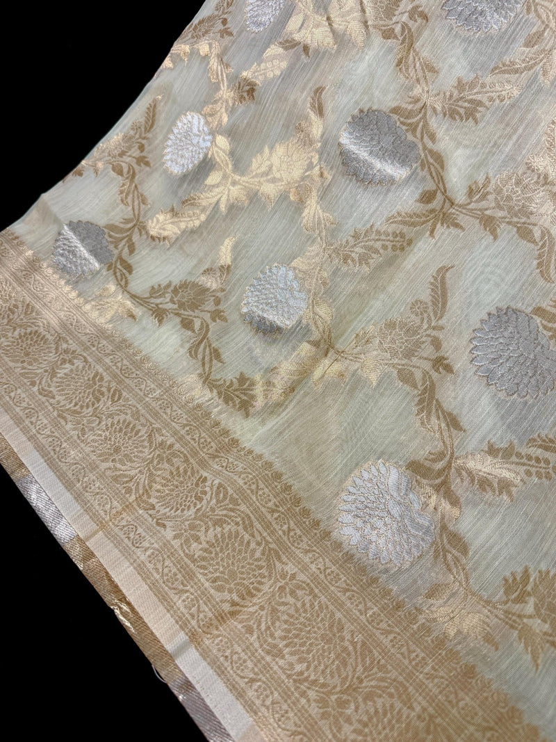 Ivory Linen Silk saree in linen silk with banarasi border with floral jaal weave — Kaash Collection