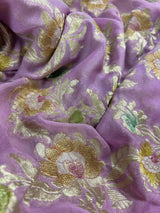 Lavender and Beige pure khaddi georgette banarasi silk saree with muted gold zari jaal with hand-brush — Kaash Collection